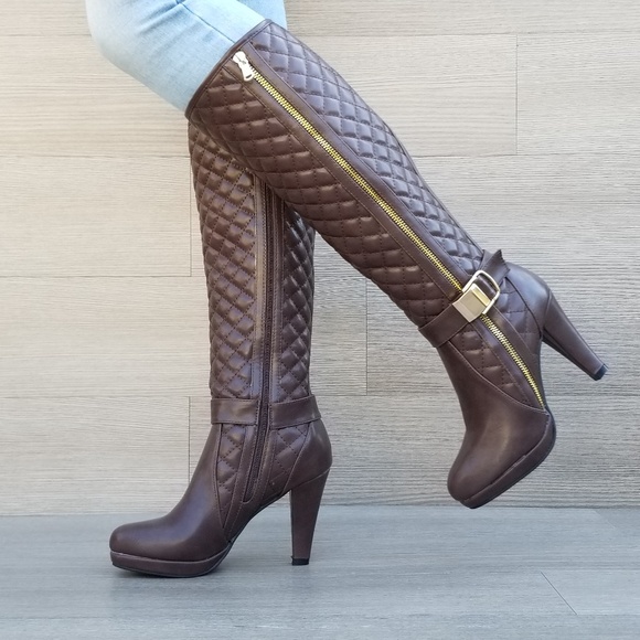 Shoes - Knee High Heel Boots Brown Vegan Leather and fur
